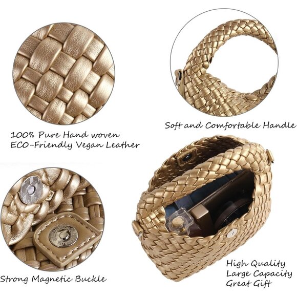 Golden vegan woven handbag for women with detachable crossbody strap - Picture 6 of 7